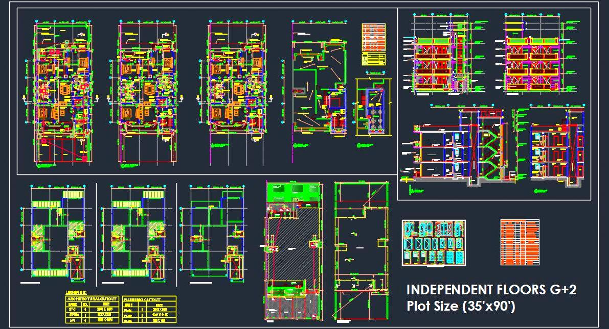 G+2 Residential Floor Plan DWG- 35'x90' Plot with 3BHK Flats